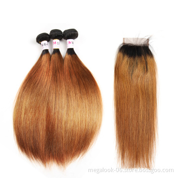 Megalook Hair Discounts Pre-colored Straight Brazilian Human Hair Wholesale Ombre Hair Weave Extension 3 Bundle with Closure